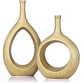 LCCCK Matte Gold Ceramic Vase Set of 2 - Ribbed Hollow Aesthetic Decorative Vase, Modern Farmhouse Table Centerpiece, Boho Go