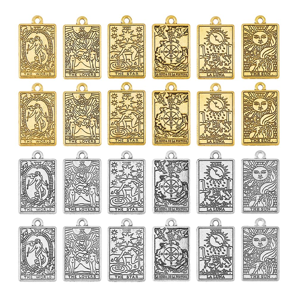 DICOSMETIC 48Pcs 6 Styles Mystical Tarot Pendants Wheel Of Fortune/Lovers/World/Star/Luna/Sun Charms Good Luck Amulet Pendant Fortune Telling Alloy Charms for Jewelry Making Craft