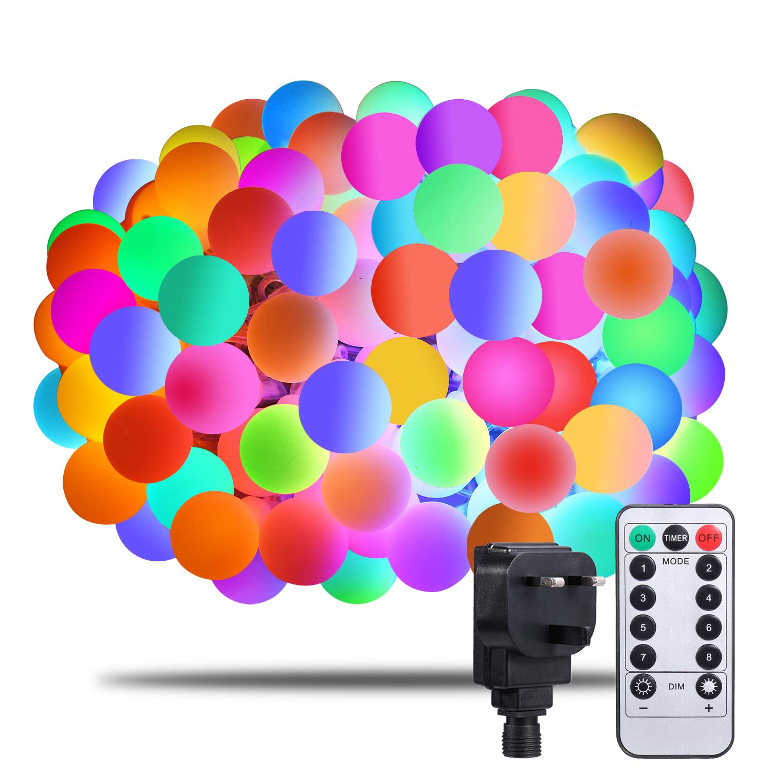 Afufu Globe Fairy Lights -[Remote & Timer] 33ft/13M 100 LEDs Coloured String Lights with Mains Powered, RGB IP65 Waterproof 8 Modes Balls Lights Decorative for Garden Patio Party, Extendable