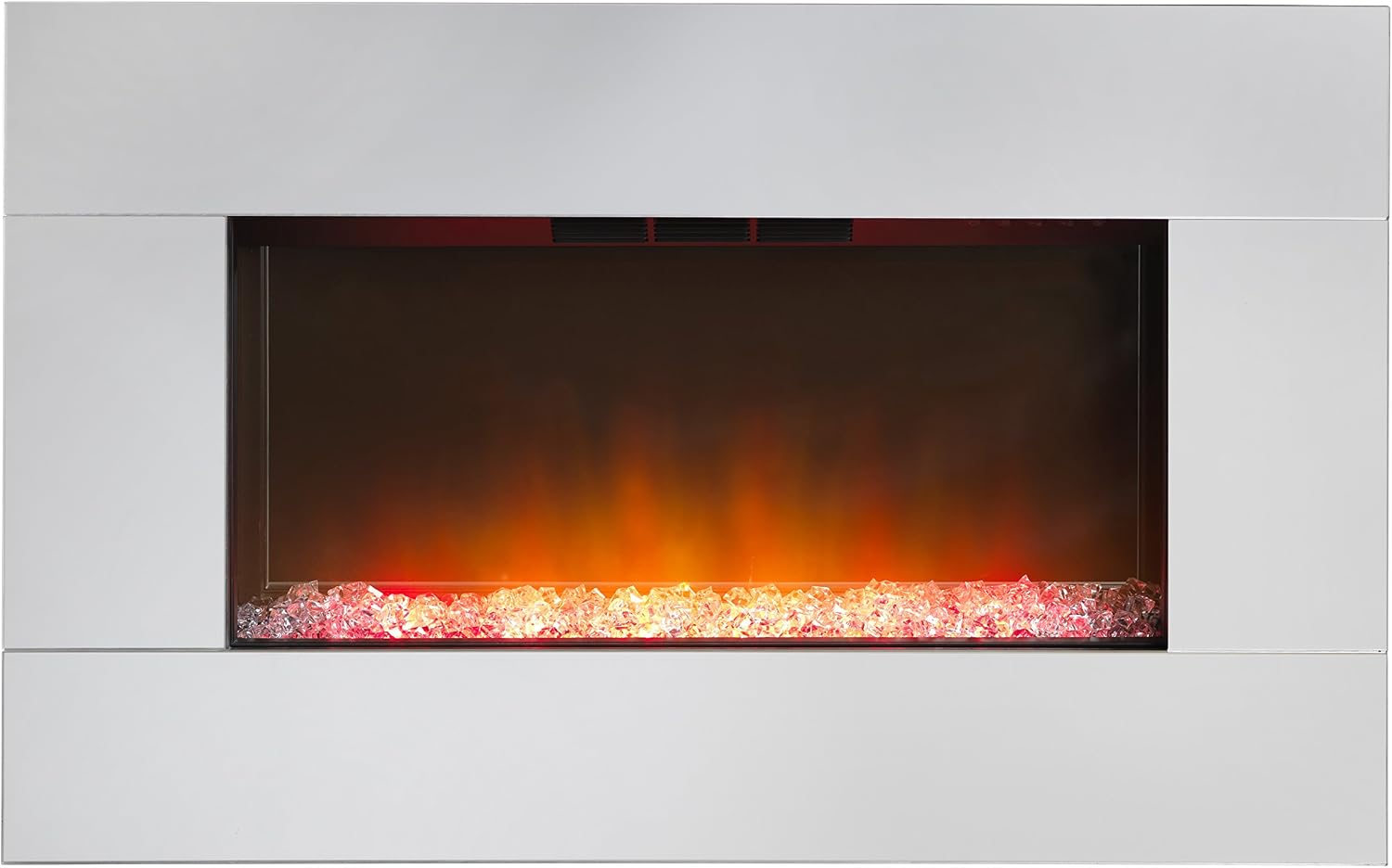 Dimplex Diamantique Optiflame Glass Wall Fire, Silver Mirrored Glass Wall Mounting Electric Fire with Crystal Stone Fuel Bed