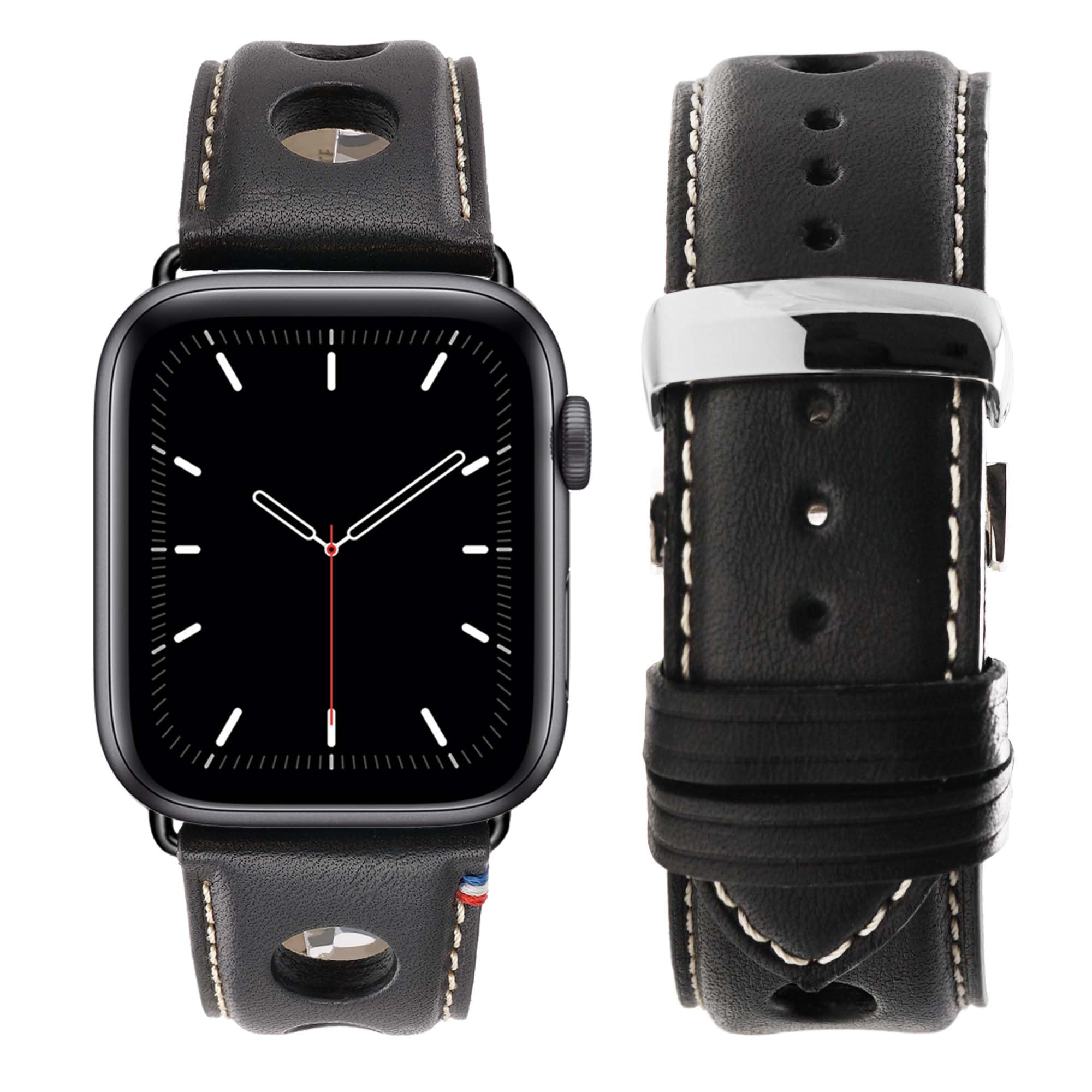 Eternel - Rallye Apple Watch Compatible Band Black 38/40/41 mm Aluminum Space Grey/Midnight Adapters - Handmade French Cowhide Leather - Compatible with all Apple Watch Models - Deployant Clasp
