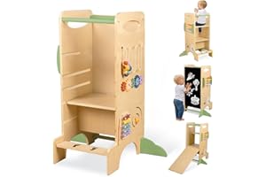 aiwo Toddler Tower Kitchen Step Stool, 3 Adjustable Height Standing Tower, Chalkboard & Montessori Activities Game
