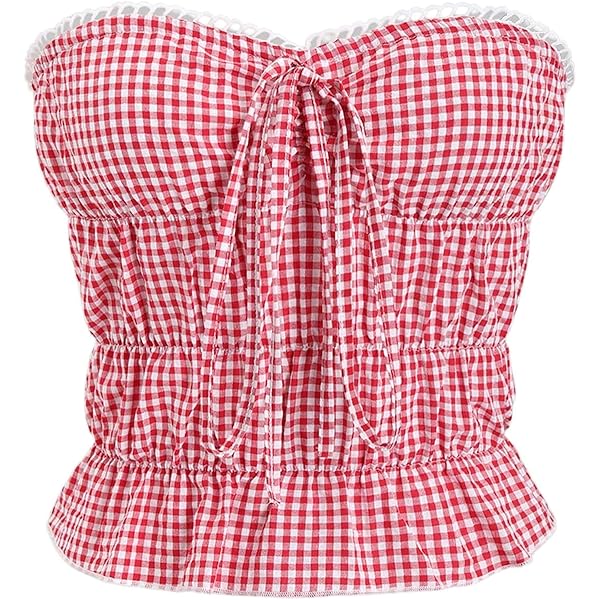 Women Y2k Gingham Tube Top Strapless Backless Plaid Peplum Vest