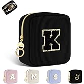Playexen Small Initial Makeup Bag, Black Personalized Corduroy Cosmetics Bag with Ring Buckle, Monogram Cute Travel Toiletry Pouch Purse, Birthday/Wedding/Party Gifts (Letter K)