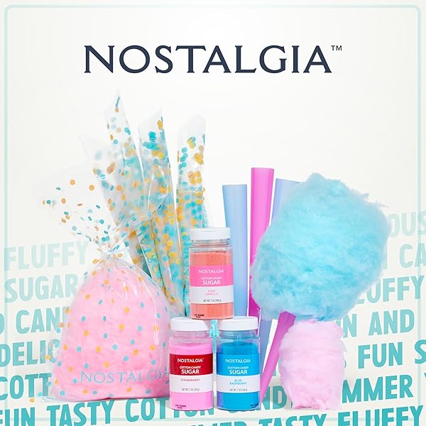 NOSTALGIA COTTON CANDY VARIETY KIT – 3 FLOSSING SUGAR FLAVORS (PINK VANILLA, BLUE RASPBERRY, STRAWBERRY) – 7-OZ BOTTLES, 4 REUSABLE CONES, 10 CLEAR BAGS WITH TWIST TIES – PARTY SUPPLIES