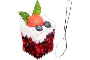 DLux 32 x 3 oz Mini Dessert Cups with Spoons, Square Slanted - Clear Plastic Parfait Appetizer Cup - Small Reusable Serving B
