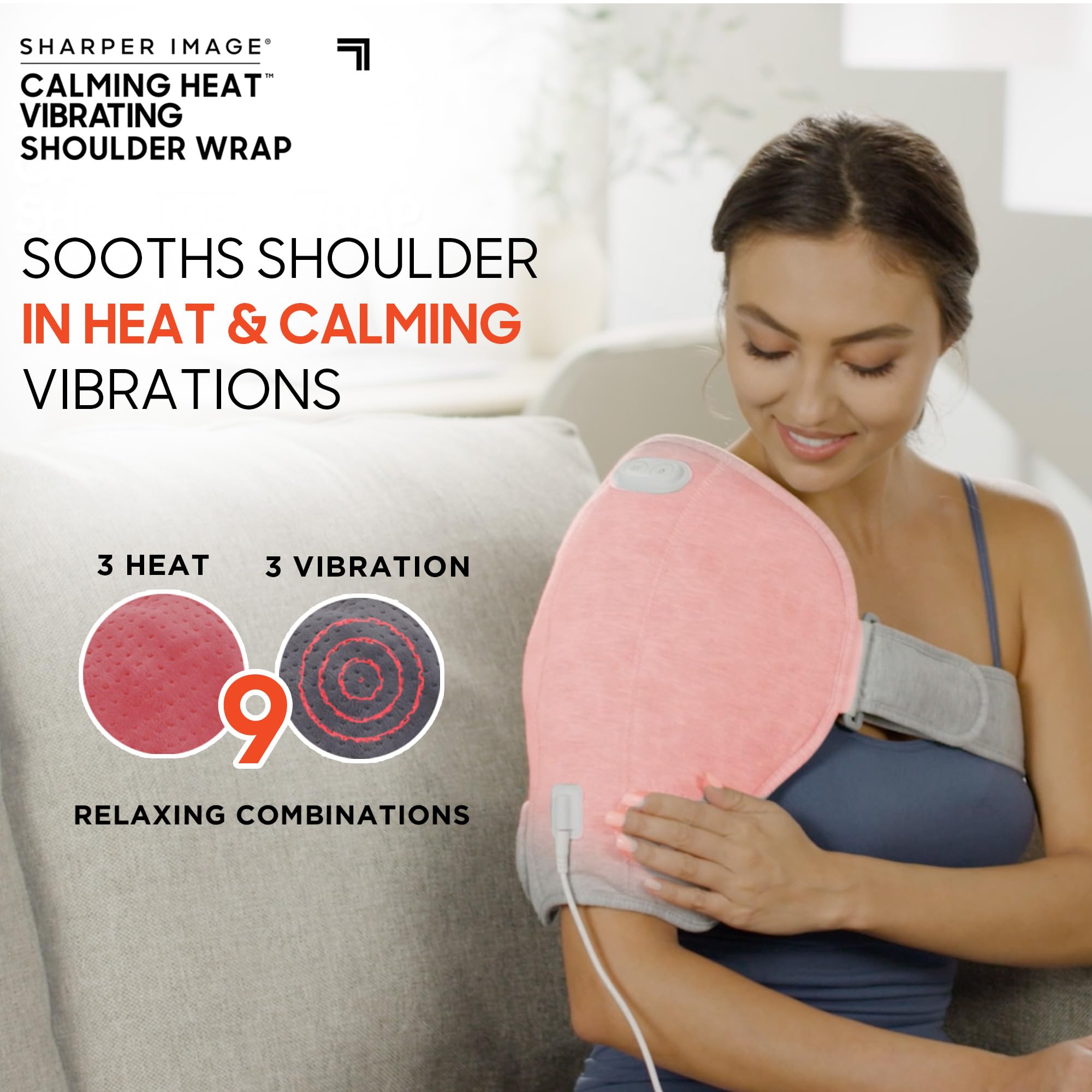 Calming Shoulder Wrap by Sharper Image - Electric Heating Pad with Vibrations & Soothing Heat, Left or Right Shoulder Brace, 3 Heat, 3 Vibration Settings - 9 Relaxing Combinations