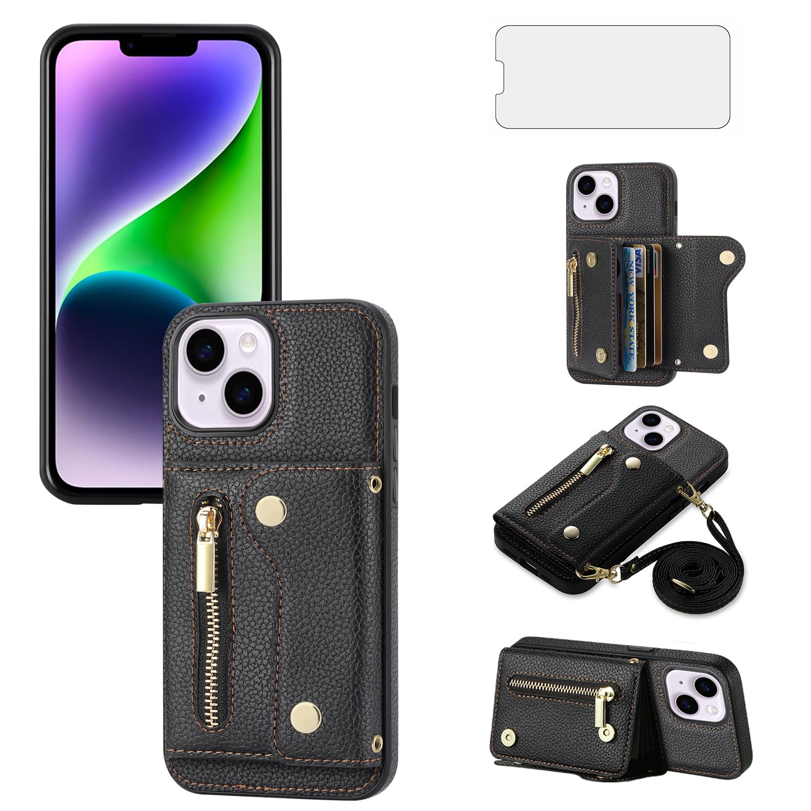 Asuwish Phone Case for iPhone 15 6.1 inch Zipper Wallet Cover with Screen Protector and Credit Card Holder Slot Shoulder Crossbody Strap Leather Cell iPhone15 5G i i-Phone i15 15Case Women Men Black