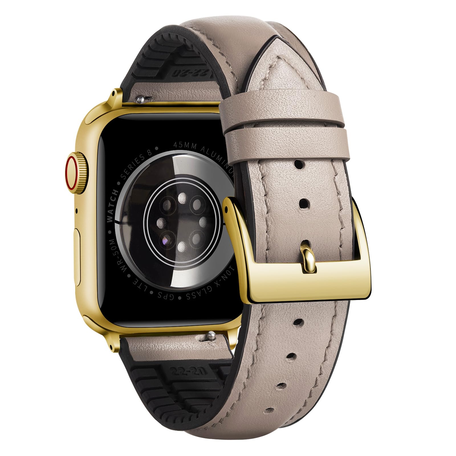 BINLUN Compatible with Apple Watch Bands Leather Soft Silicone Inner Hybrid Sweatproof 42mm 44mm 45mm 46mm 49mm Watch Strap for iWatch Ultra SE Series 11/10/9/8/7/6/5/4/3/2/1(Gold Buckle,Beige)
