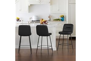 Cozyman 26 Inch Bar Stools Set of 3, Double-Layer Upholstered Counter Height Bar Stools for Kitchen Island, Faux Leather Barstools with Back and Footrest, Armless Barstool Chairs, Black