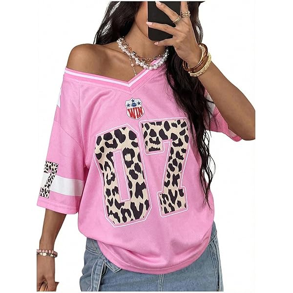 BEAUDRM Women's Y2K Leopard Number Graphic Jersey Shirt Oversized