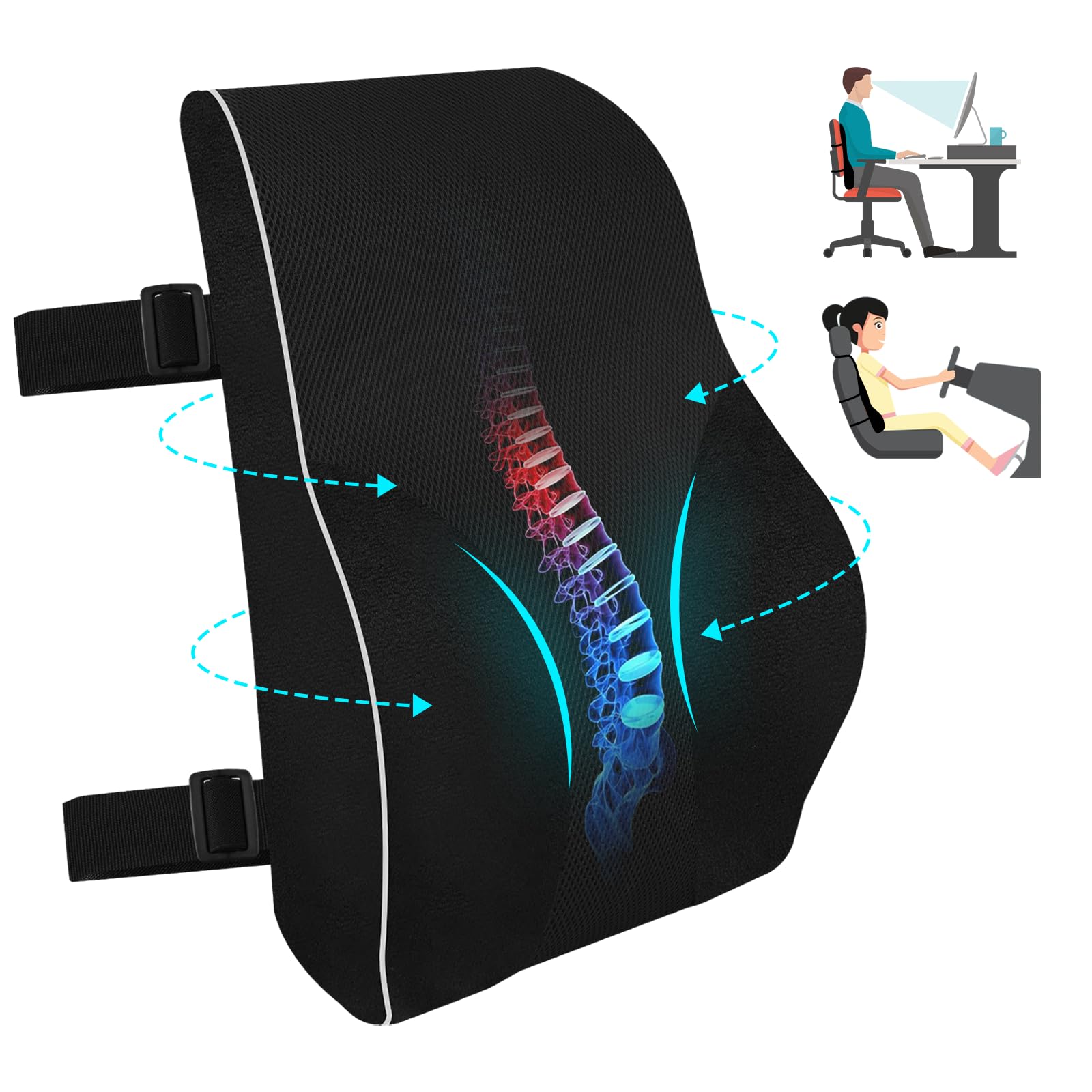 QUTOOL® Lumbar Support Pillow for Office Chair Car Memory Foam Back Cushion for Back Large Back Pillow for Computer, Gaming Chair, Recliner Double Adjustable Straps