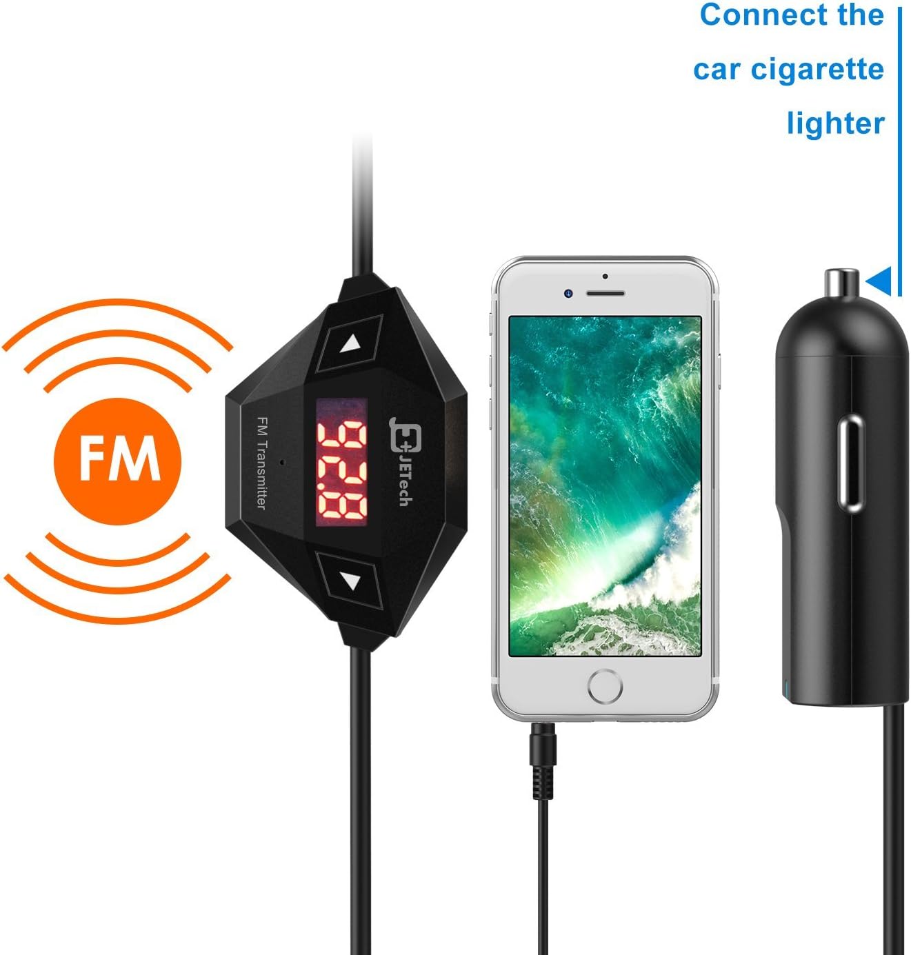 JETech Wireless FM Transmitter Radio Car Kit for Smart Phones Bundle with 3.5mm Audio Plug and Car Charger (Black)
