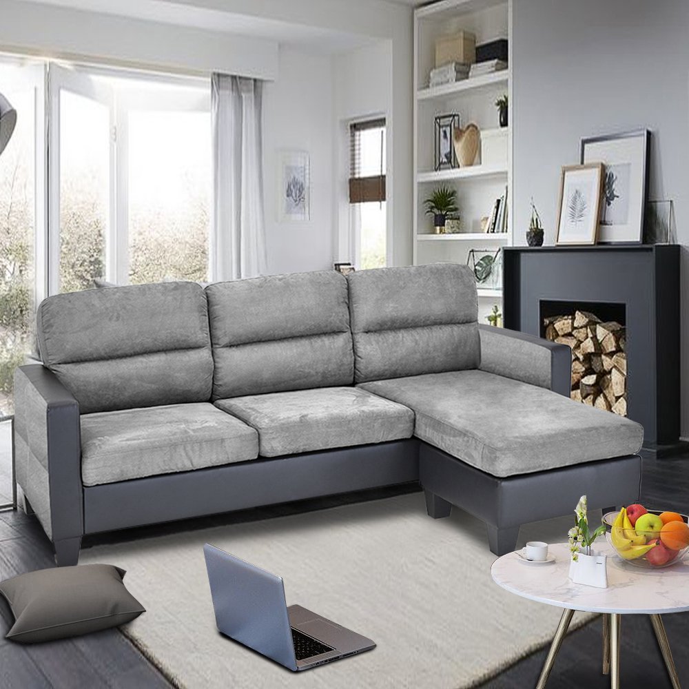Wellgarden Modern 3 Seater Corner Sofa Faux Leather And Fabric