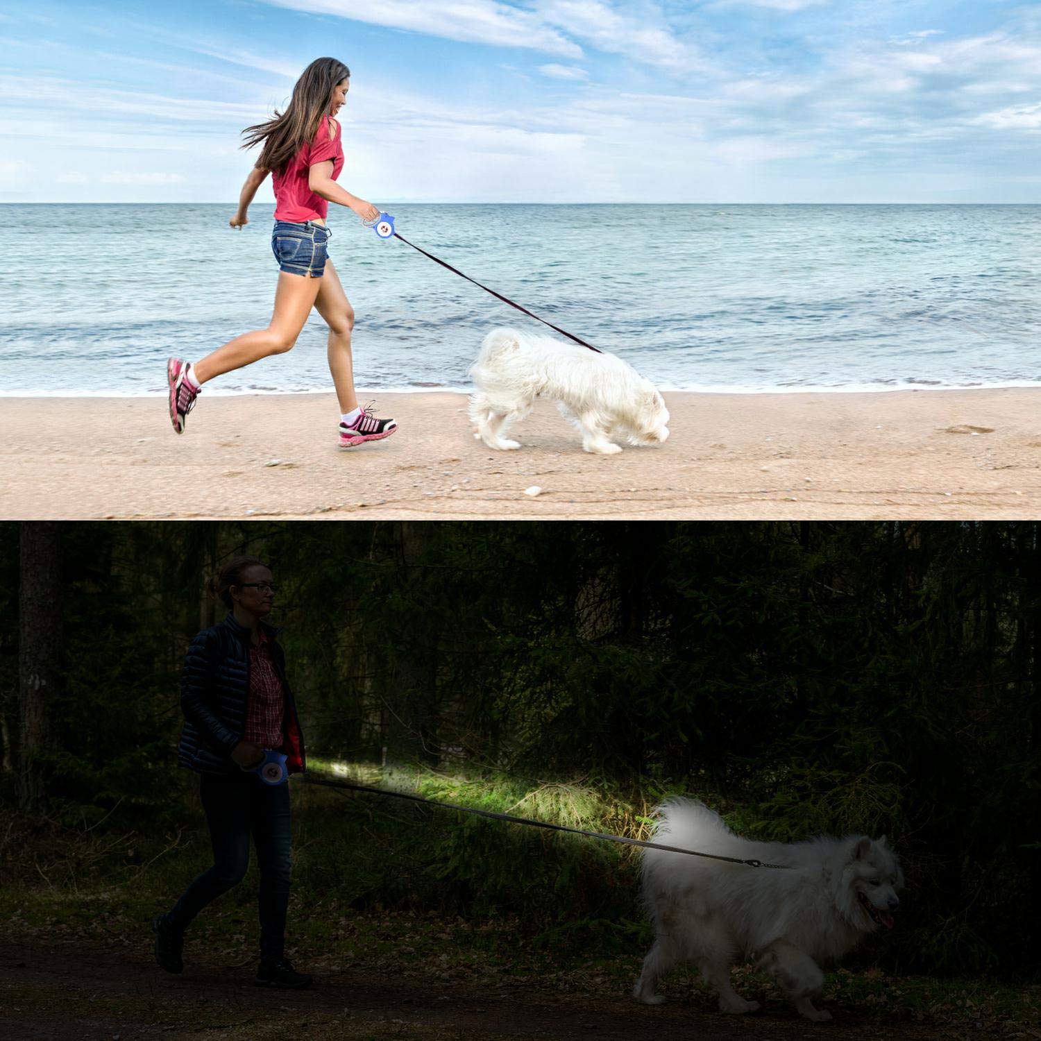 MOWIS Retractable Dog Leash 16.5ft/5m Dog Walking Leash with Anti-Slip Handle for Small Medium Dogs up to 55lbs/25kg, 360°Tangle Free, LED Light & Dog Waste Dispenser Bags included