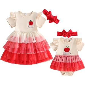 Kid Toddler Girl Back to School Clothes Apple Pen Preschool Romper Dress/Tutu Dresses Lace Sister Matching Outfit