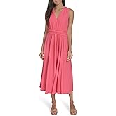 Calvin Klein Womens Sleeveless V-Neck Gathered A-line Midi Dress