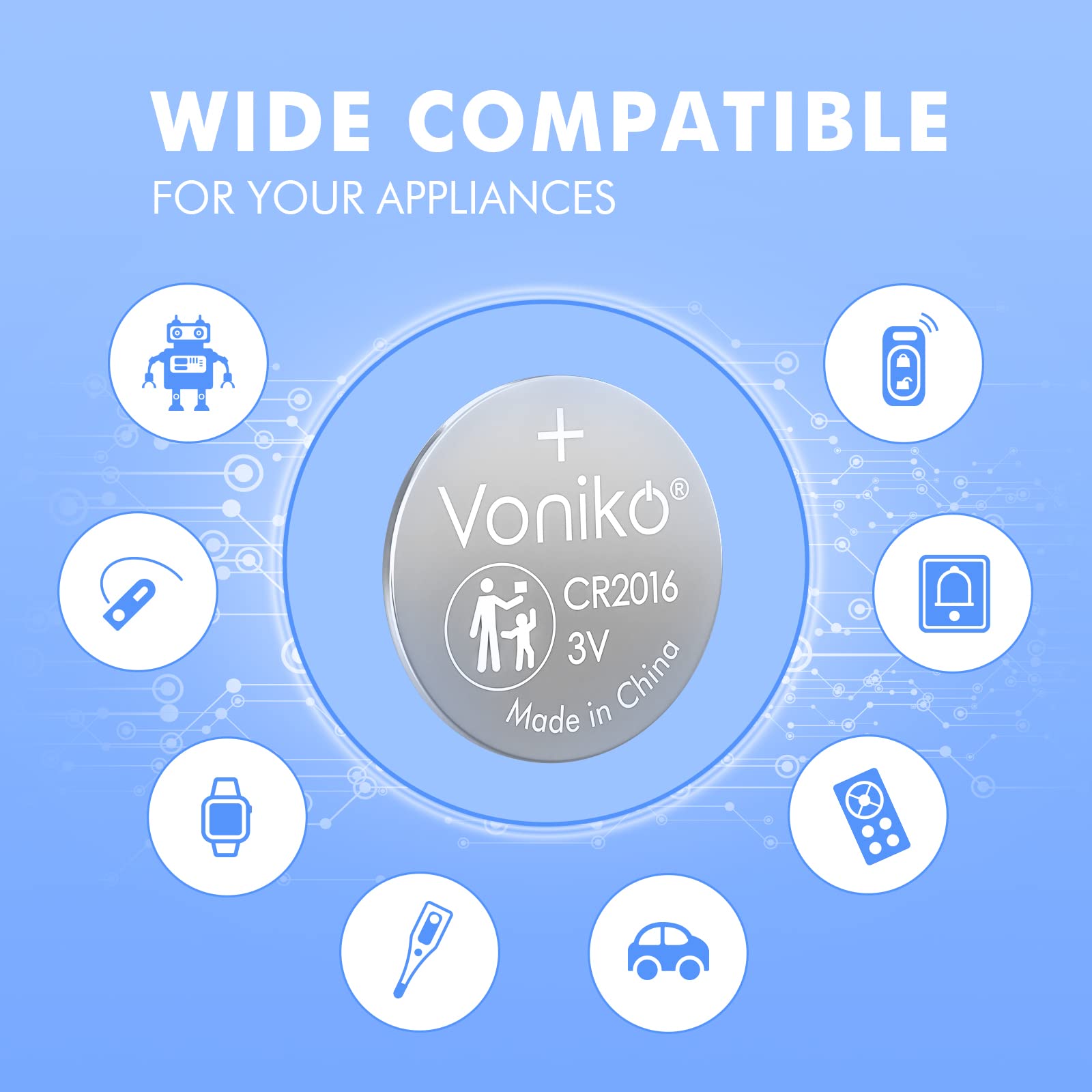 Voniko CR2016 3V Lithium Batteries 5 Pack for Child Safety, Compatible with Remotes, Key Fobs, Glucose Monitors - 7 Years Shelf Life