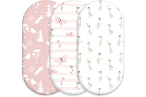 Civarua Kids 3-Pack Organic Bassinet Sheets for Girls Stretch, Soft Cozy Fitted Bassinet Mattress Sheet (32" x 16") Universal Fit for Hourglass, Oval, & Rectangle Mattresses Pink Butterfly