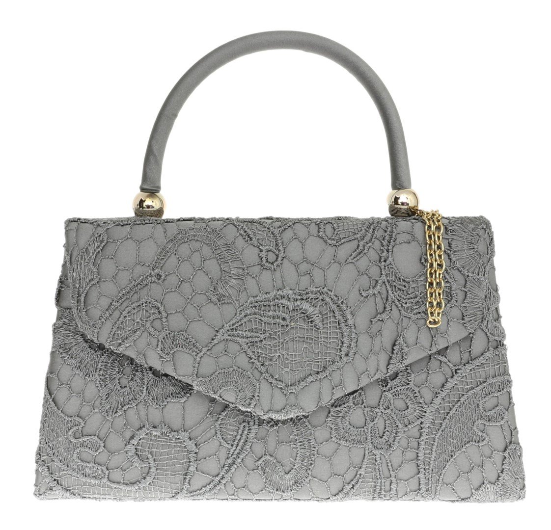 Girly Handbags Womens Lace Satin Top Handle Clutch Bag - Grey