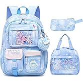 Lovely Girls Backpack School Bag for Students Kids Book Bag with Multiple Pockets Splash-proof Children's Backpack(17inch Set Blue)