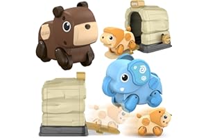 HelloJoy Wind Up Toys for Toddlers 1-3, Wind Up Cars Toys for Kids with House and 3 Animal Cars, Sensory Montessori Toys Cute Fine Motor Skills Toys for 1 2 3 4 5 Year Old Boys Girls Gifts (Brown)