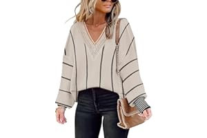 DISAMER Women's 2025 Fall Sweaters Trendy Long Sleeve Lace V Neck Color Block Striped Sweater Winter Oversized Pullover Knitted Tops