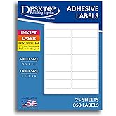350 Blank White 1-1/3" x 4" Labels - 25 Sheets (14 Per Sheet) - Matte Finish - Printable Mailing Address Stickers for Inkjet/Laser Printers