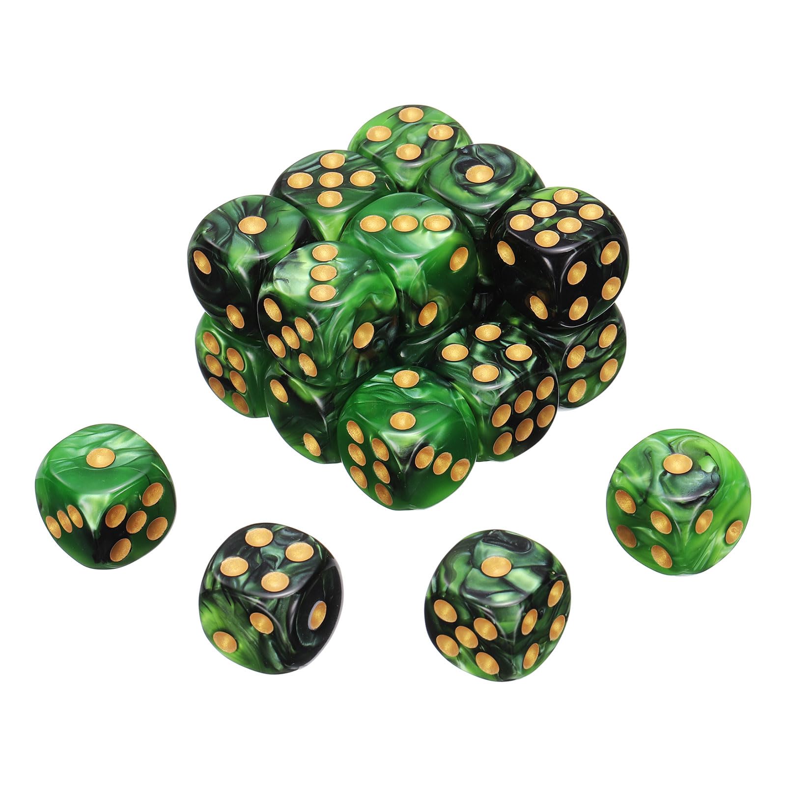sourcing map 20Pcs 6 Sided Colored Standard Dice, 16mm Acrylic D6 Mini Polyhedral Pearl Pattern Two Tone Colors Game Dice Set for Table Games, Light Green/Black, Gold Point