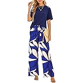 PRETTYGARDEN Women Summer 2 Piece Outfits 2026 Short Sleeve Knit Top Floral Print Belted Wide Leg Pant Sets With Pockets