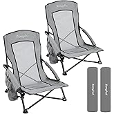 SUNNYFEEL Folding Low Camping Beach Chair 2 Pack, Lightweight Portable Lawn Chair with Mesh Back, Cup Holder for Outdoor/Trav