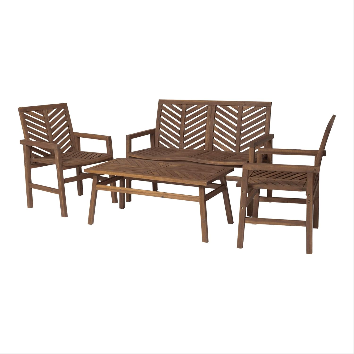 Walker Edison AZW4CGVINDB 4 Person Outdoor Wood Chevron Patio Furniture Set Loveseat Chairs Coffee Table All Weather Backyard Conversation Garden Poolside Balcony, Dark Brown : Garden & Outdoor