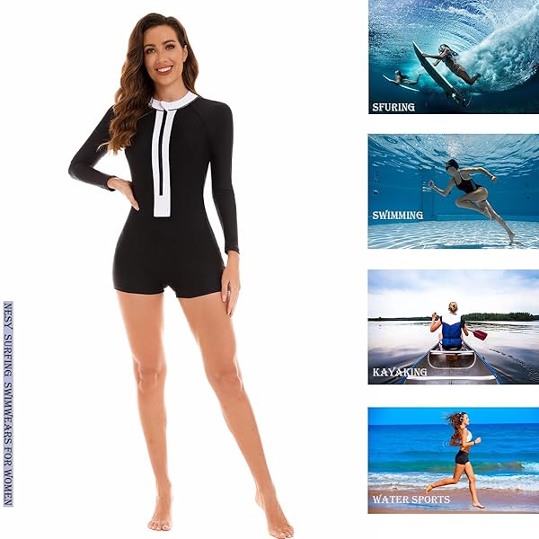 NESY WOMEN’S ONE PIECE LONG SLEEVE SWIMSUIT RASH GUARD BATHING SUIT BOYSHORT BOTTOM UPF 50+ SURFING SWIMWEAR