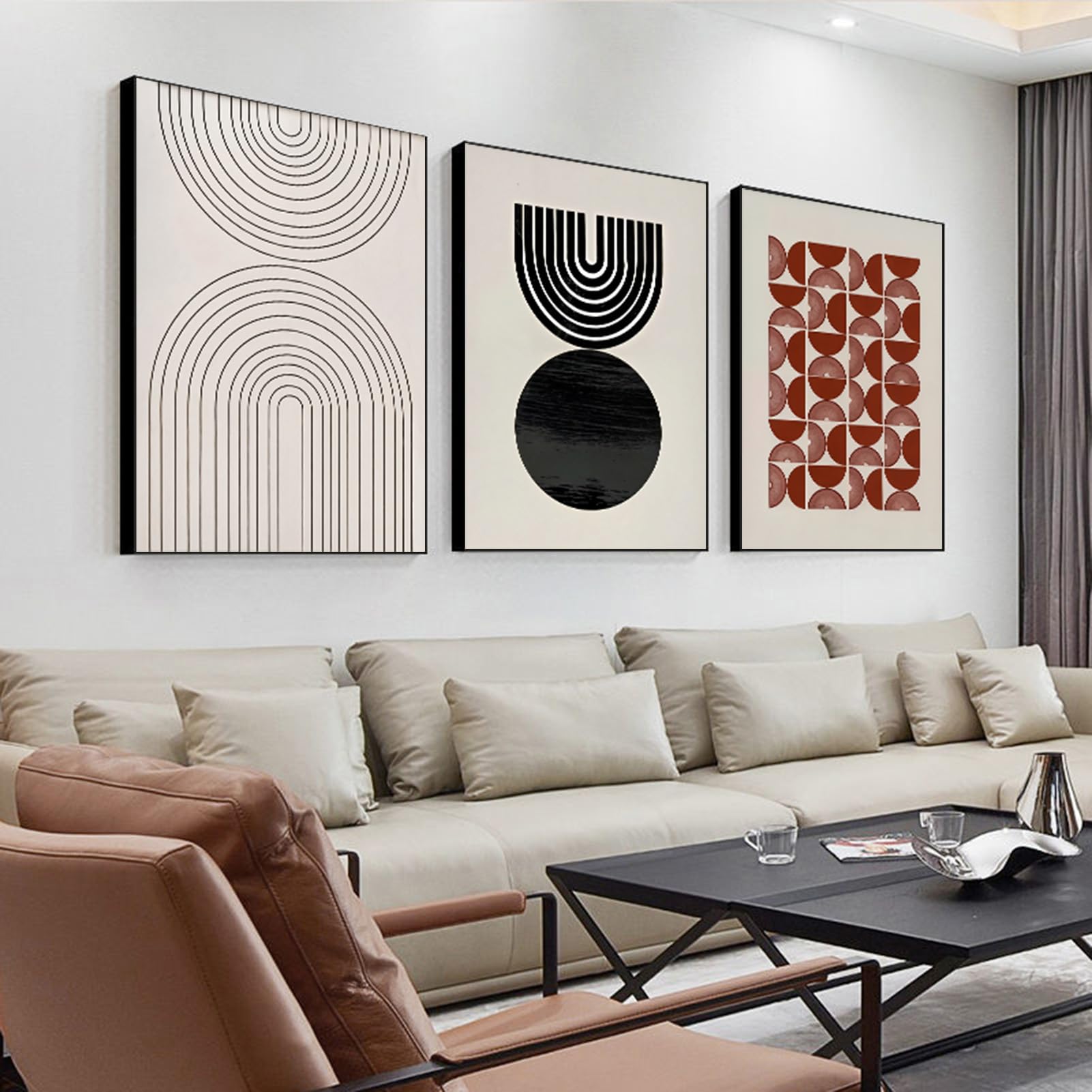 ARTFEB Framed Boho Abstract Wall Art for Living Room, Black Beige Large ...