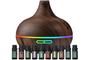 PURE DAILY CARE Ultimate Aromatherapy Diffuser & Essential Oil Set - Ultrasonic Diffuser & Top 10 Essential Oils - 300ml Diffuser with 4 Timer & 7 Ambient Light Settings - Therapeutic Grade Essential Oils Dark Oak