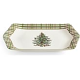 Spode Christmas Tree 12" Dessert Tray, Collector Porcelain Rectangular Platter- Holiday Entertaining, Festive Sideboard Display with Gingham Checker Accents - Oven, Dishwasher & Microwave Safe