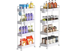 SOLEJAZZ Rolling Storage Cart, 4 Tier Laundry Room Organizer Bathroom Storage Carts, Mobile Storage Shelves with Brake Wheels, Utility Cart for Apartment Bedroom Office Garage, Kitchen, White, 2 Pack
