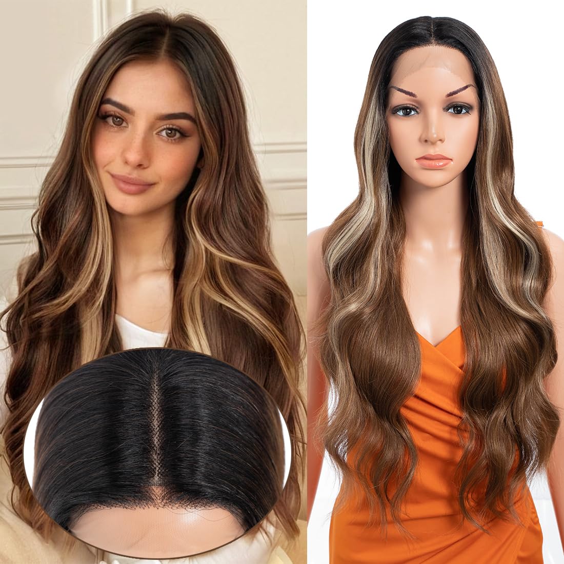 TTHL 30 Inch Body Wave Long Synthetic Lace Front Wig - 13X4.5X1, 180 Density, Heat Resistant, Flax Brown, Blonde, Pre Plucked