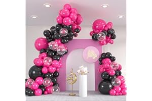 ZIZASARY 136pcs Hot Pink Black Balloon Arch Kit with Clear Balloons - 18/12/10/5 Inch Gothic Garland for Women's Birthday, Valentine's Day, Class of 2025 Party Decor