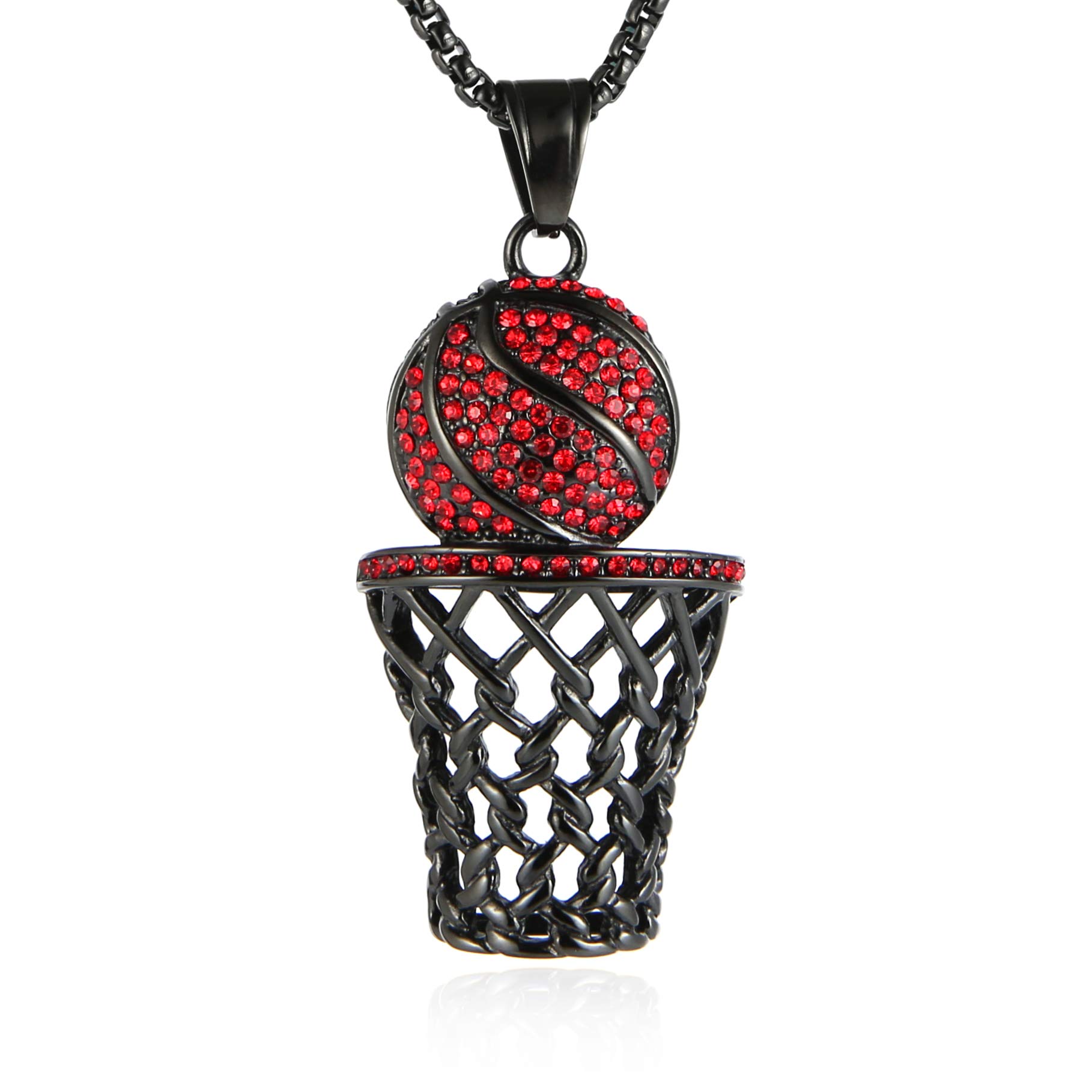 HZMAN 18K Gold Plated Basketball Rim Necklace for Men Sporter Stainless Steel Hip Hop Cubic Zirconia Basketball Hoop Pendant Jewelry Gift (Black)