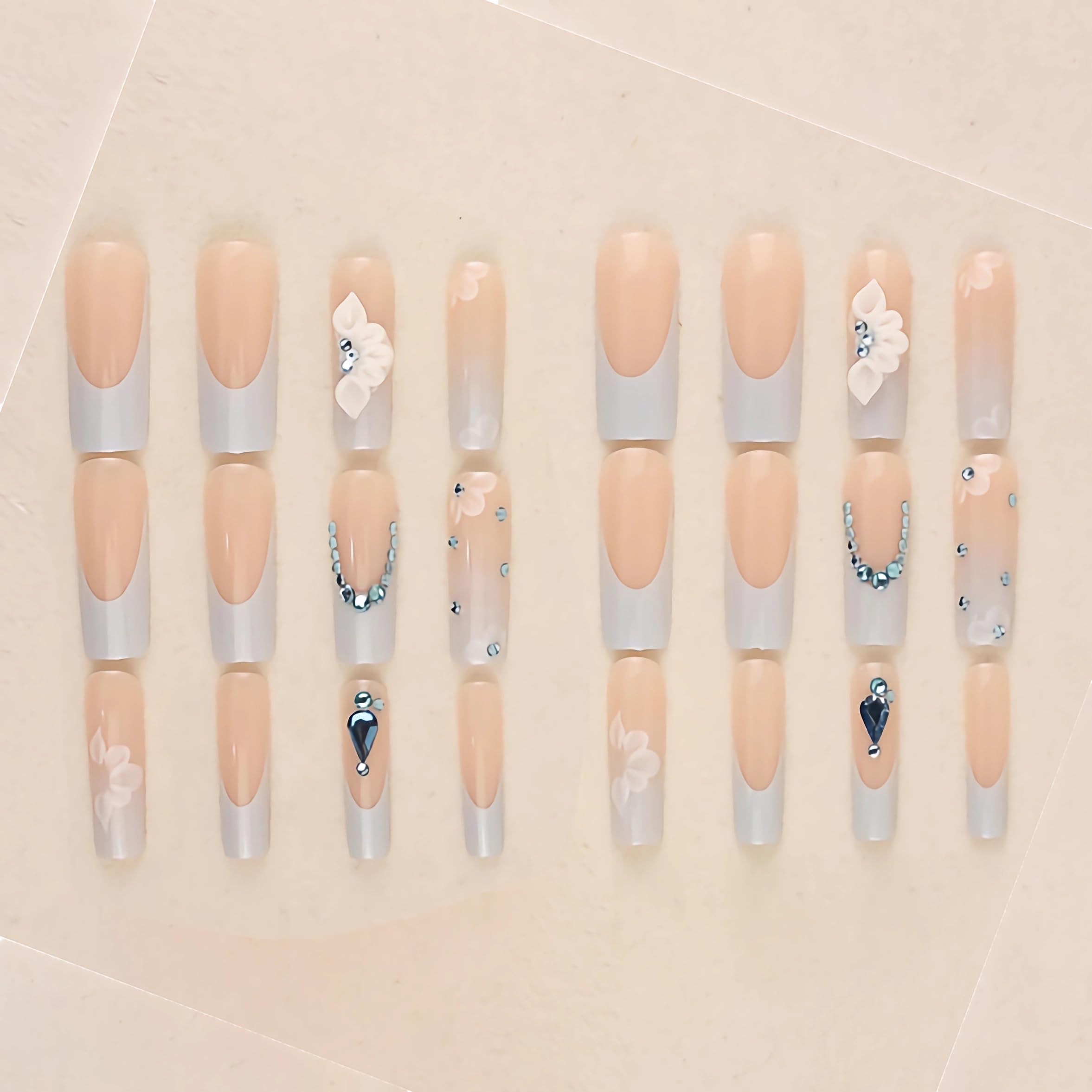 BABALAL Blue Press On Square French Tip Glue On Nails - 24Pcs Bling Rhinestone Full Cover False Nails with 3D Flower Design & Acrylic Finish - Image 3