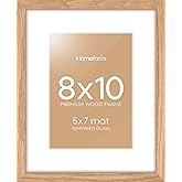Homeforia 8 x 10 Wood Picture Frame, High End Natural Oak 8x10 Light Wooden Frames with Mat 5x7 inch Photo, 8 x 10 Frame Matted to 5 x 7 Art, Wall or Tabletop Frame, Tempered Glass, Wall Kit, Set of 1