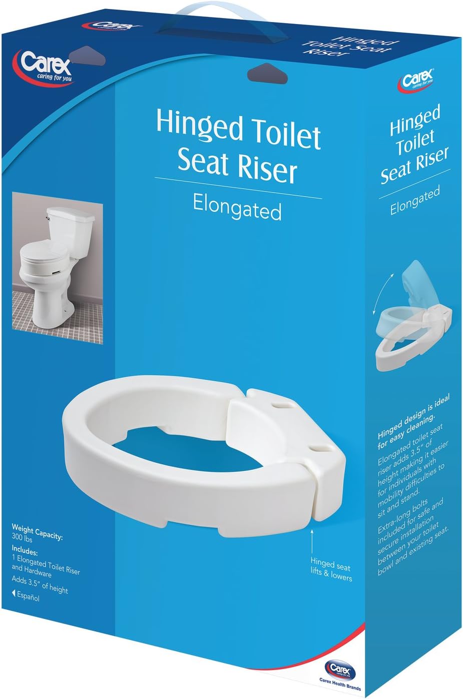 Carex Elongated Hinged Toilet Seat Riser - Adds 3.5 Inches of Toilet Lift, 300 Pound Weight Capacity - Hinged Toilet Riser For Easy Cleaning: Health & Personal Care