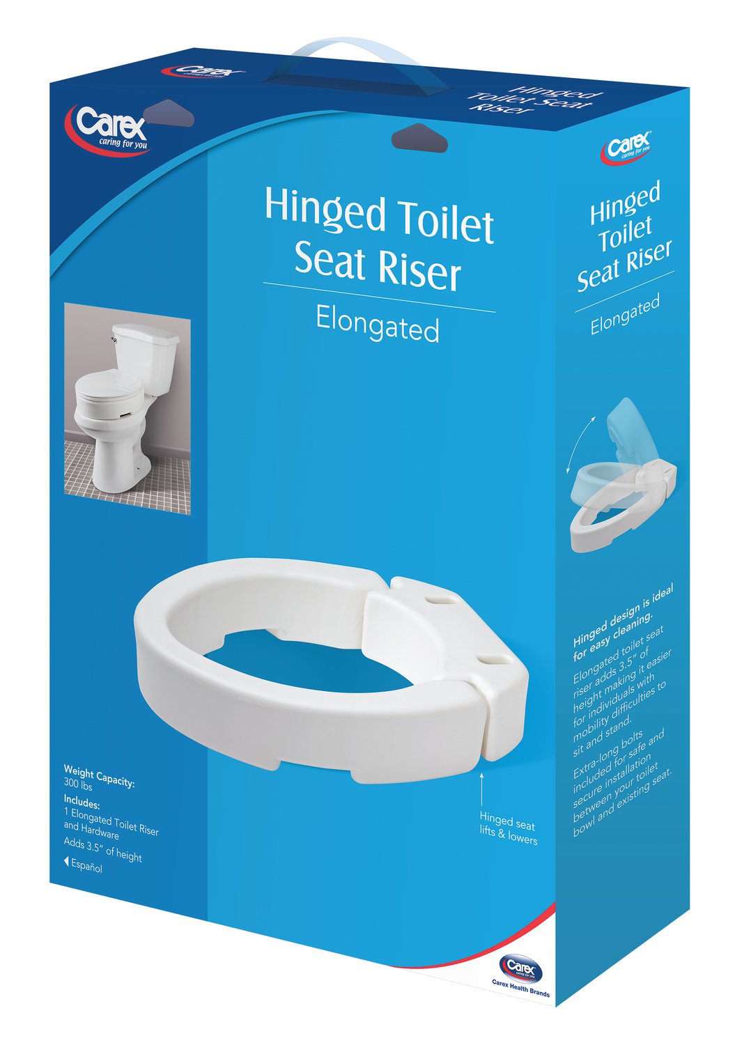 Carex Elongated Hinged Toilet Seat Riser Adds 3.5 Inches of Toilet