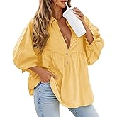 Tankaneo Womens Puff Sleeve Babydoll Tops V Neck Button Down Blouse Cute Casual Loose Fit Flowy Shirts