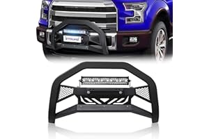 EYOUHZ Bull Bar with LED Light & License Plate Frame Compatible with 2004-2024 Ford F150 F-150, Front Brush Guard, Truck Guard Grille, Bumper Push Bar (Include Light Mount & Skid Plate, Black)