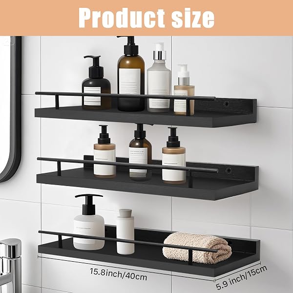 IJRPLM FLOATING SHELVES WALL MOUNTED SET OF 3, BLACK WOOD STORAGE SHELF, BATHROOM WALL SHELVES OVER TOILET, FLOATING SHELF FOR BATHROOM LIVING ROOM BEDROOM KITCHEN OFFICE