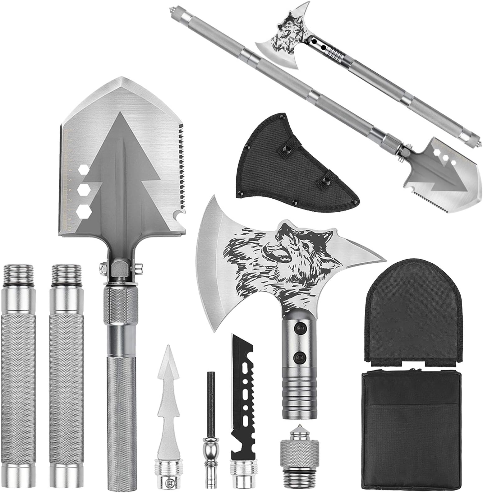 Camping Shovel Axe, Multifunctional Military Folding Survival Shovel, Entrenching Tool Set with Tactical Waist Pack, Camping Axe Military Shovel for Camping, Backpacking, Outdoor,Hiking and More
