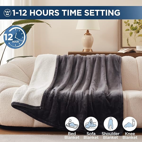 WESTINGHOUSE ELECTRIC BLANKET FULL, HEATED BLANKET FULL SIZE WITH 10 HEATING LEVELS AND 1 TO 12 HOURS HEATING TIME SETTINGS, FLANNEL TO SHERPA REVERSIBLE, MACHINE WASHABLE (80″ X 84″, CHARCOAL)