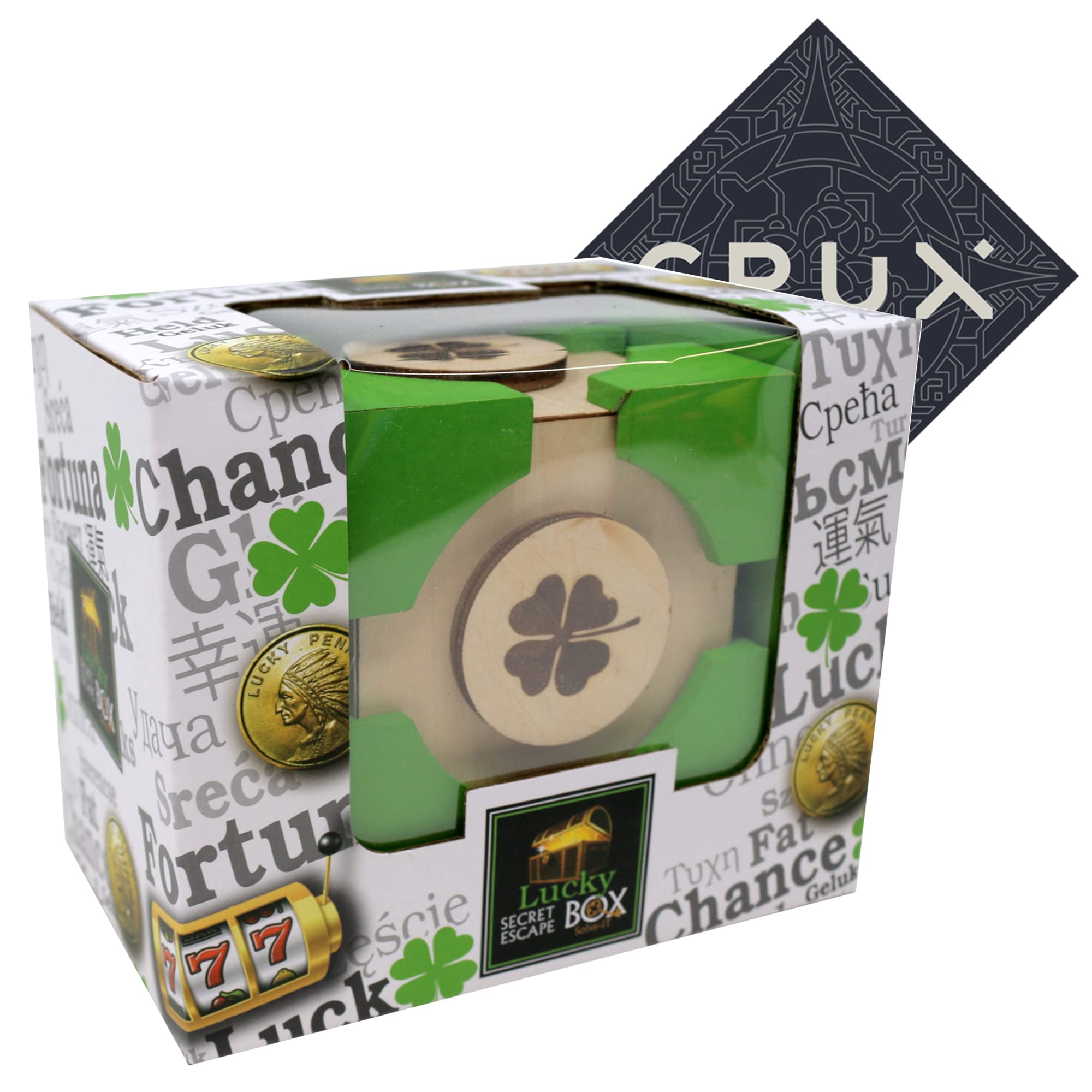 Lucky Secret Escape Box - Fun Wooden Puzzle Box - Mid Difficulty - Includes Crux Sticker